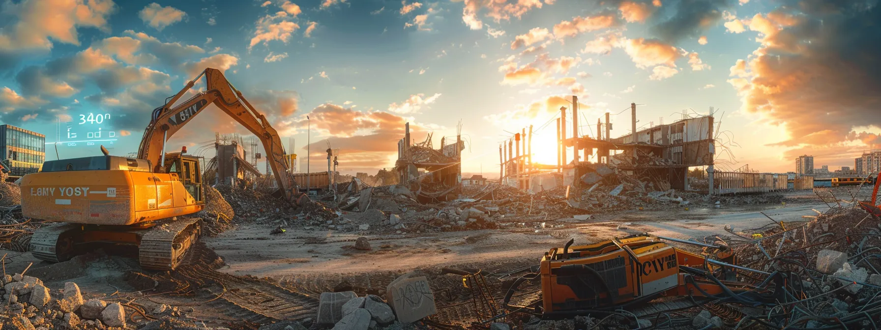 a futuristic demolition site bustling with activity, featuring high-tech machinery and digital interfaces, illuminated by bright led panels showcasing real-time seo data analytics against a vibrant sunset backdrop.