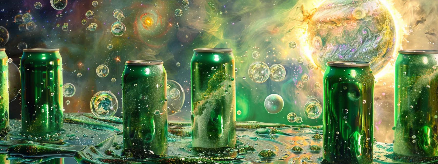 a futuristic display of vibrant green cans of thc-infused seltzers floats elegantly against a cosmic background filled with swirling nebulas and planetary systems, emphasizing the innovative variety of calming non-alcoholic drinks. a futuristic display of vibrant green cans of thc-infused seltzers floats elegantly against a cosmic background filled with swirling nebulas and planetary systems, emphasizing the innovative variety of calming non-alcoholic drinks.