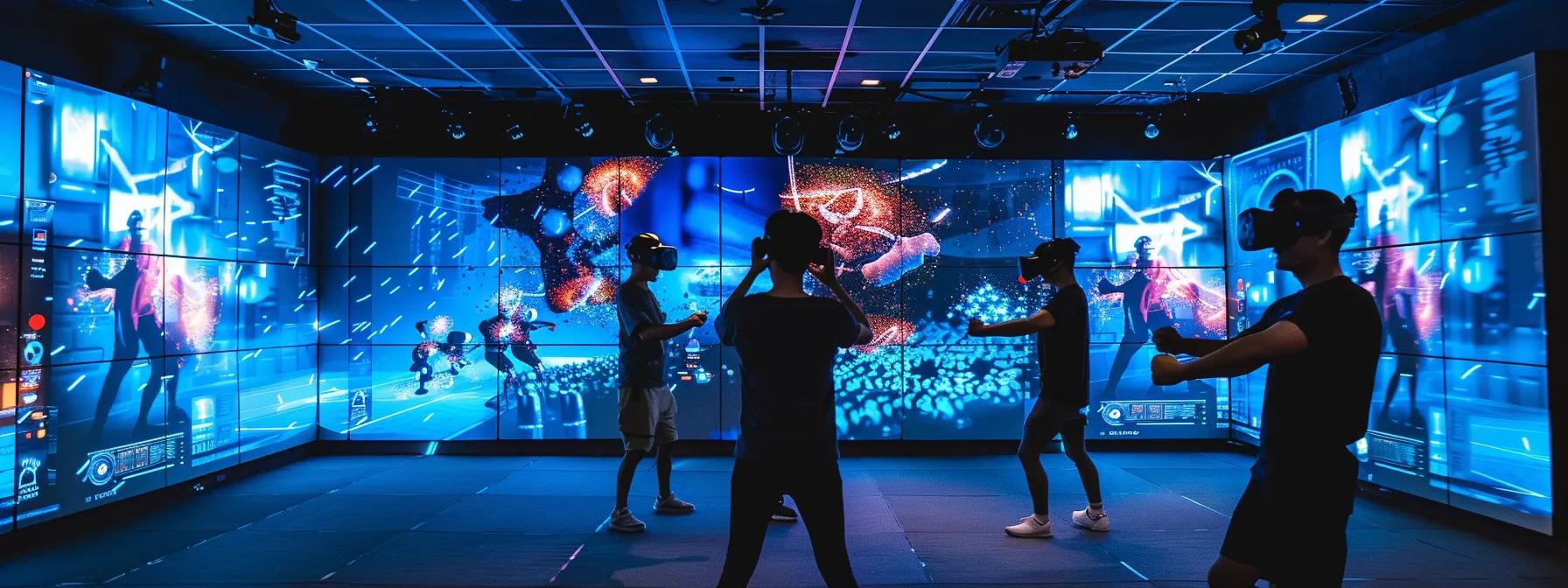 a futuristic martial arts studio showcases a vibrant digital display of virtual reality training sessions, with engaged students donning vr headsets, surrounded by interactive screens highlighting gamified learning tools and successful marketing testimonials. a futuristic martial arts studio showcases a vibrant digital display of virtual reality training sessions, with engaged students donning vr headsets, surrounded by interactive screens highlighting gamified learning tools and successful marketing testimonials.