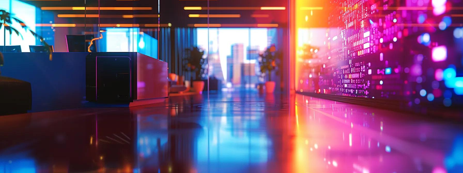 a futuristic office environment featuring a sleek, high-tech workspace with large screens displaying secure network connections and digital security protocols, illuminated by dynamic led lighting to showcase the advanced functionalities of passpoint technology. a futuristic office environment featuring a sleek, high-tech workspace with large screens displaying secure network connections and digital security protocols, illuminated by dynamic led lighting to showcase the advanced functionalities of passpoint technology.