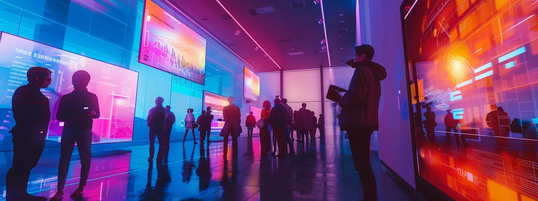 a futuristic office space bathed in vibrant neon lighting, showcasing ai-driven marketing technologies on sleek digital displays, while diverse professionals engage in animated discussions about local marketing strategies beyond 2025.