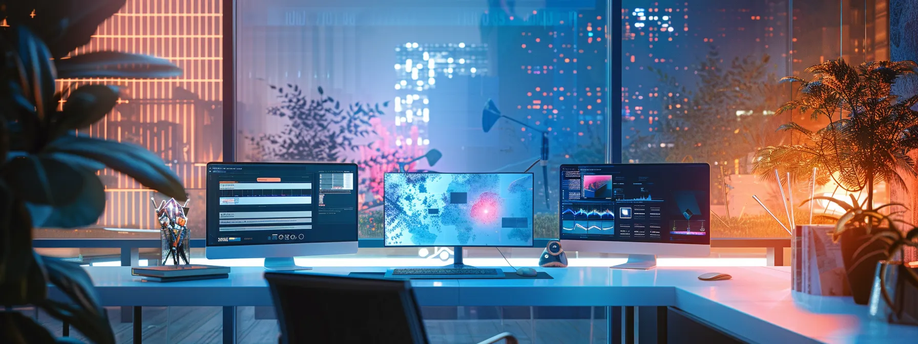 a futuristic workspace illuminated by soft, ambient lighting showcases an ai-driven content creation hub, featuring a sleek digital interface and visual displays of personalized copywriting strategies that engage users. a futuristic workspace illuminated by soft, ambient lighting showcases an ai-driven content creation hub, featuring a sleek digital interface and visual displays of personalized copywriting strategies that engage users.