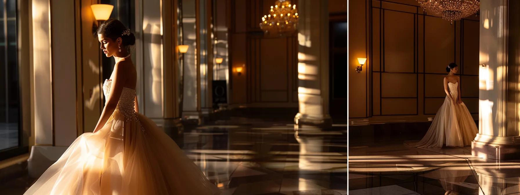 a glamorous debutante stands poised in an elegantly appointed modern ballroom, showcasing a stunning, intricately designed gown that reflects both timeless sophistication and contemporary style, as soft dramatic lighting highlights her confident presence amidst an air of celebration and tradition. a glamorous debutante stands poised in an elegantly appointed modern ballroom, showcasing a stunning, intricately designed gown that reflects both timeless sophistication and contemporary style, as soft dramatic lighting highlights her confident presence amidst an air of celebration and tradition.
