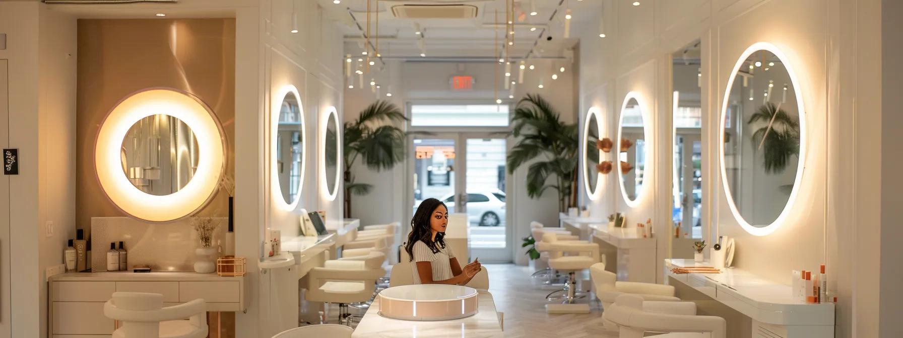 a glamorous interior of a stylish midtown beauty studio showcases a thrilled client admiring her dramatically lifted lashes in an elegant mirror, bathed in sophisticated artificial lighting that highlights the stunning transformation.