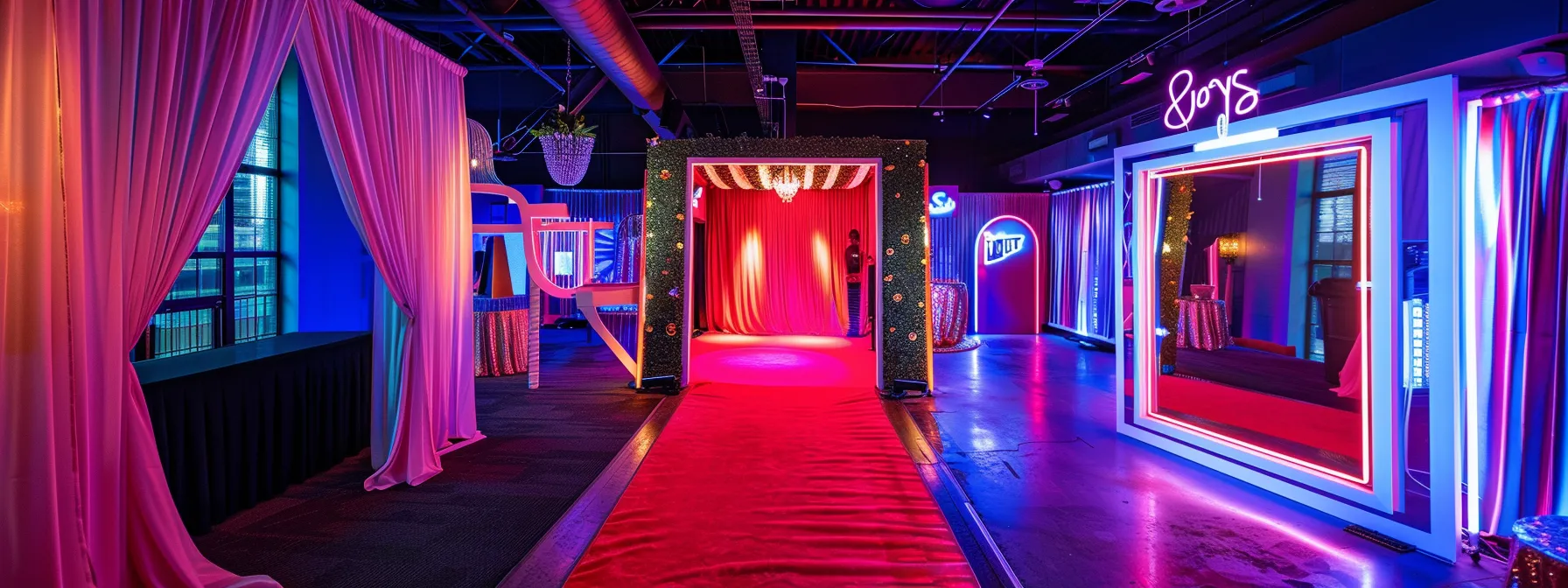 a glamorous photo booth setup at a vibrant atlanta wedding, featuring elegant red carpet details and colorful neon signs in a beautifully decorated venue, conveying the allure of personalized event experiences. a glamorous photo booth setup at a vibrant atlanta wedding, featuring elegant red carpet details and colorful neon signs in a beautifully decorated venue, conveying the allure of personalized event experiences.