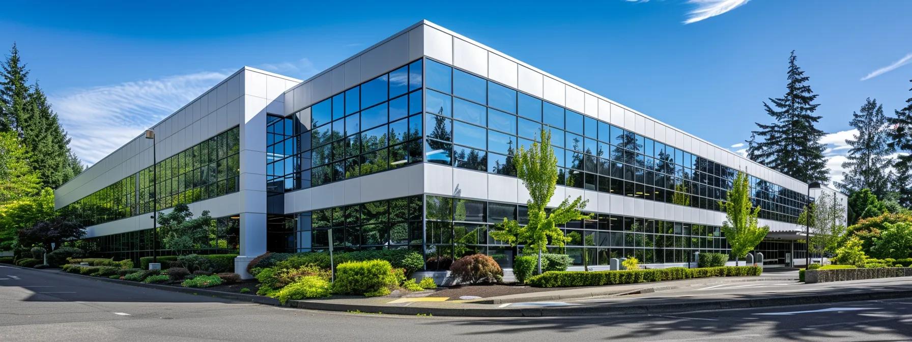 a gleaming commercial building sparkles under the sun after a thorough pressure washing, its freshly cleaned concrete reflecting the vibrant blue sky. a gleaming commercial building sparkles under the sun after a thorough pressure washing, its freshly cleaned concrete reflecting the vibrant blue sky.