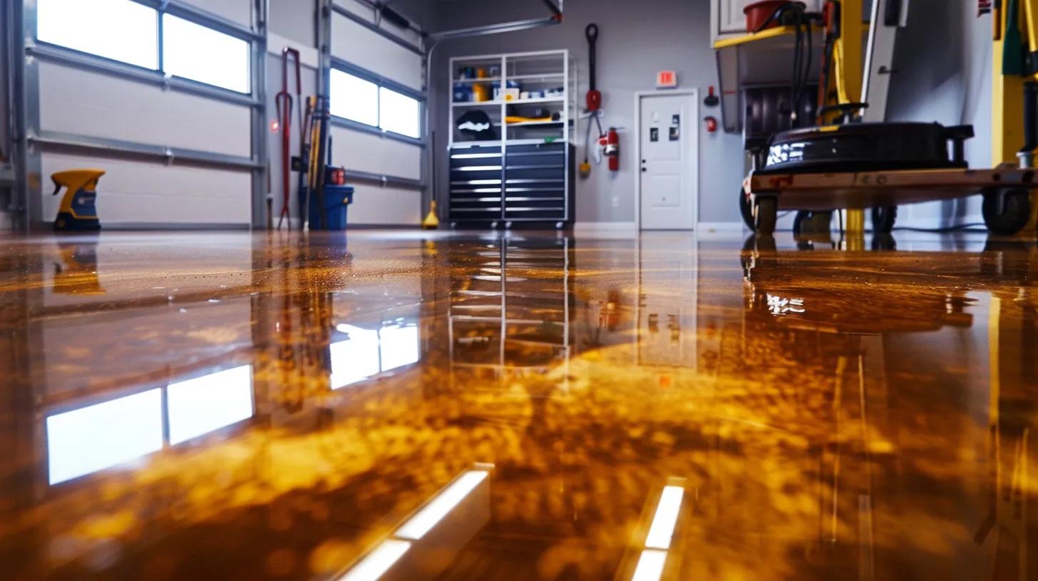 a gleaming epoxy resin garage floor reflects vibrant overhead lights, showcasing its pristine surface free of dust and stains, with tools and cleaning products neatly arranged nearby, emphasizing the theme of maintenance and longevity. a gleaming epoxy resin garage floor reflects vibrant overhead lights, showcasing its pristine surface free of dust and stains, with tools and cleaning products neatly arranged nearby, emphasizing the theme of maintenance and longevity.