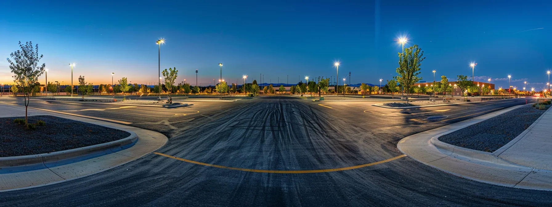 a gleaming, freshly resurfaced asphalt parking lot is depicted under bright urban lighting, showcasing clear lane markings and an orderly layout, emphasizing the importance of proper maintenance for longevity and safety.