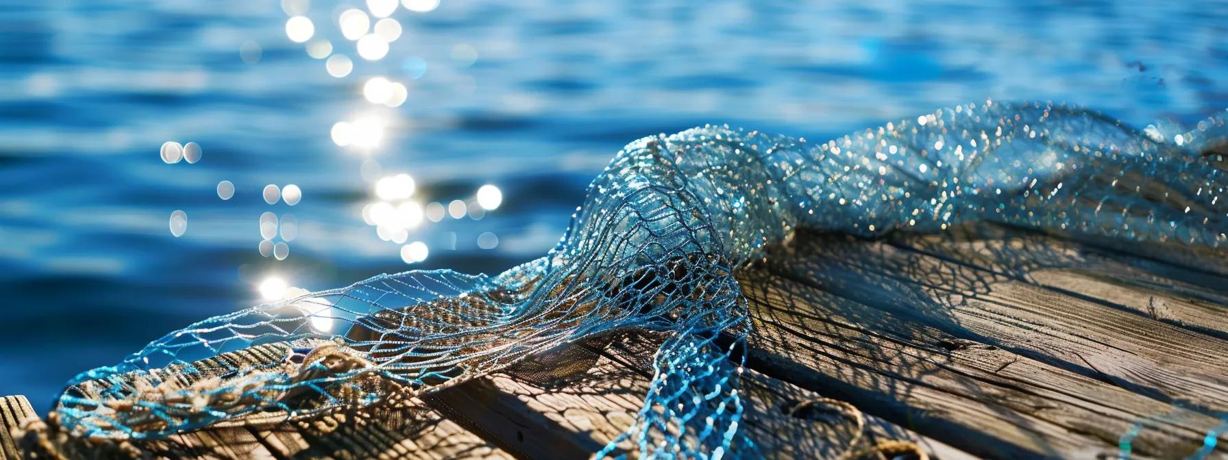 a gleaming, high-quality fishing landing net rests on a weathered wooden dock, surrounded by shimmering water reflecting the bright blue sky. a gleaming, high-quality fishing landing net rests on a weathered wooden dock, surrounded by shimmering water reflecting the bright blue sky.