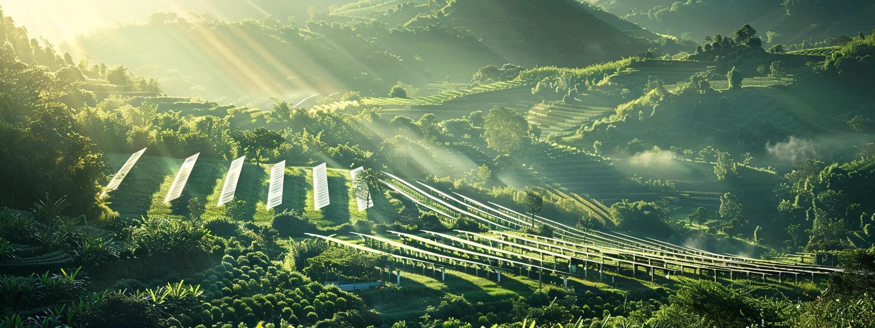 a gleaming row of solar panels glistens under the bright sun, surrounded by lush green landscape that symbolizes the promise of renewable energy. a gleaming row of solar panels glistens under the bright sun, surrounded by lush green landscape that symbolizes the promise of renewable energy.