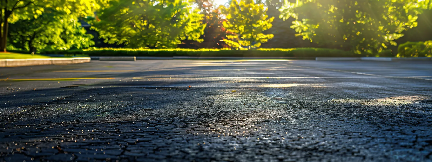 a glossy black asphalt parking lot glistens under the warm afternoon sun, showcasing a freshly applied sealcoat that highlights its smooth, durable surface against a backdrop of vibrant green landscaping. a glossy black asphalt parking lot glistens under the warm afternoon sun, showcasing a freshly applied sealcoat that highlights its smooth, durable surface against a backdrop of vibrant green landscaping.