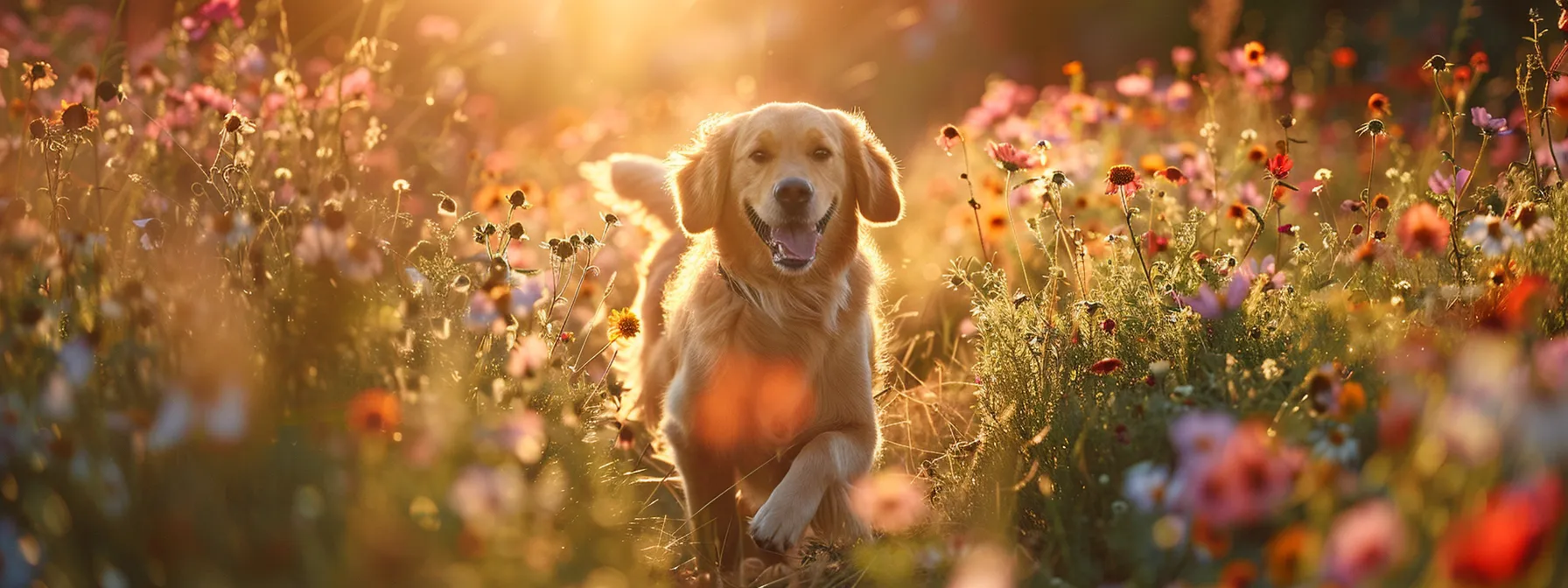 a golden retriever and a playful labradoodle frolic together in a sun-drenched meadow, their fur shimmering in the warm light as they chase each other amidst vibrant wildflowers.