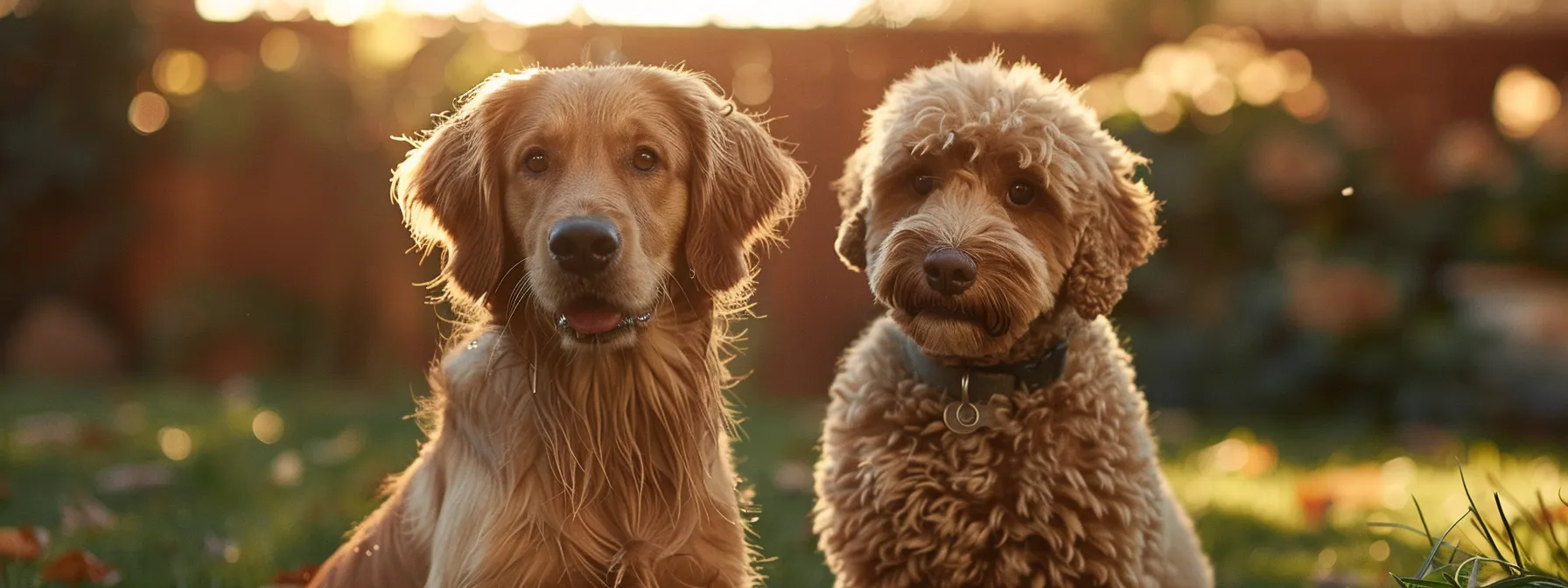 a golden retriever and a labradoodle sit together in a serene backyard, their ears gently flopping as a caring owner prepares to clean them, bathed in warm, golden sunlight that highlights the soft textures of their fur.