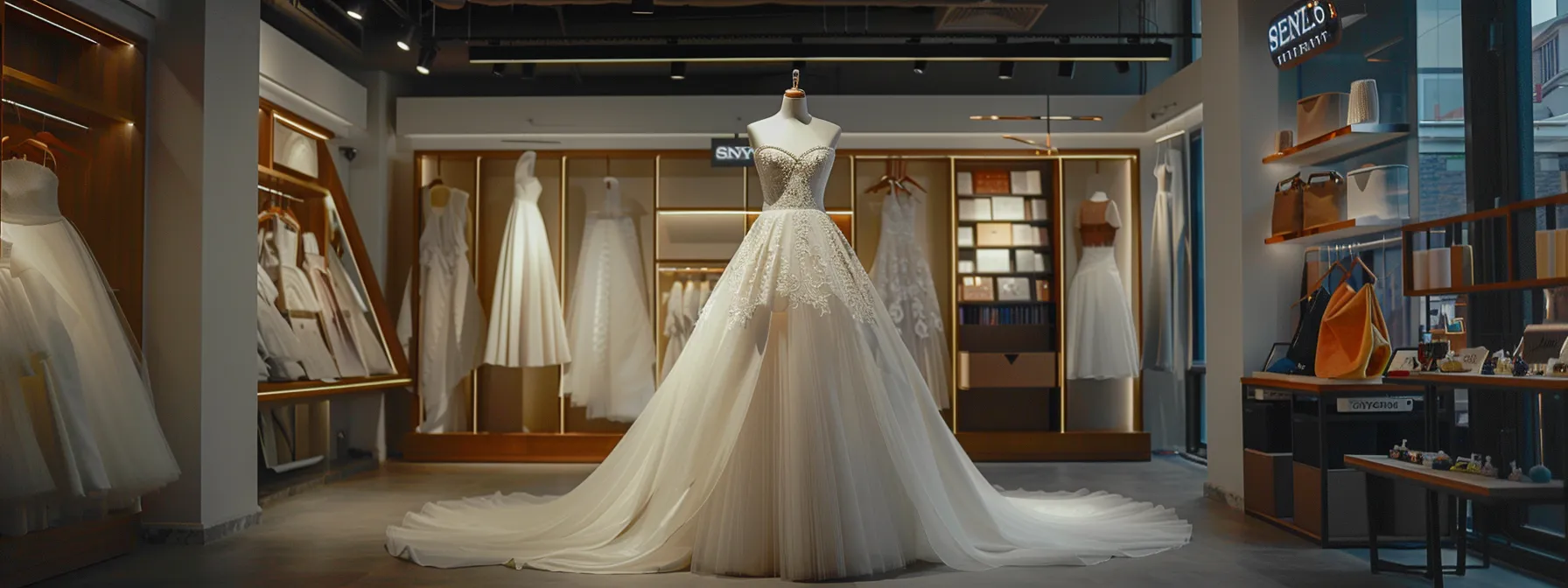 a gracefully draped modest wedding dress on a sleek mannequin stands in a softly lit boutique, surrounded by elegant fabric swatches and delicate design sketches, embodying style and affordability for budget-conscious brides. a gracefully draped modest wedding dress on a sleek mannequin stands in a softly lit boutique, surrounded by elegant fabric swatches and delicate design sketches, embodying style and affordability for budget-conscious brides.