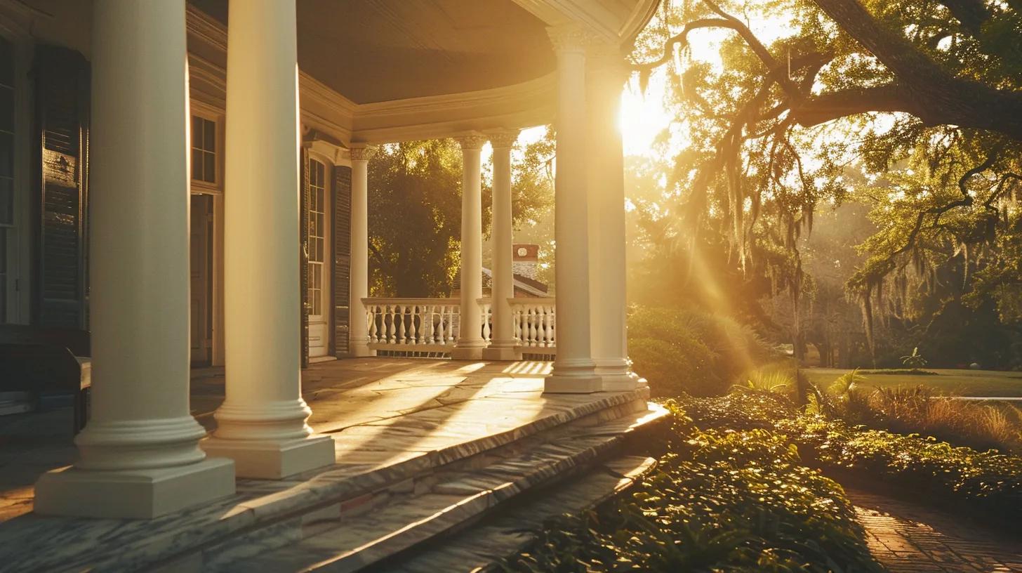 a grand southern colonial home with elegant white columns and spacious porches, bathed in warm golden sunlight, exuding charm and historical significance against a backdrop of lush greenery. a grand southern colonial home with elegant white columns and spacious porches, bathed in warm golden sunlight, exuding charm and historical significance against a backdrop of lush greenery.