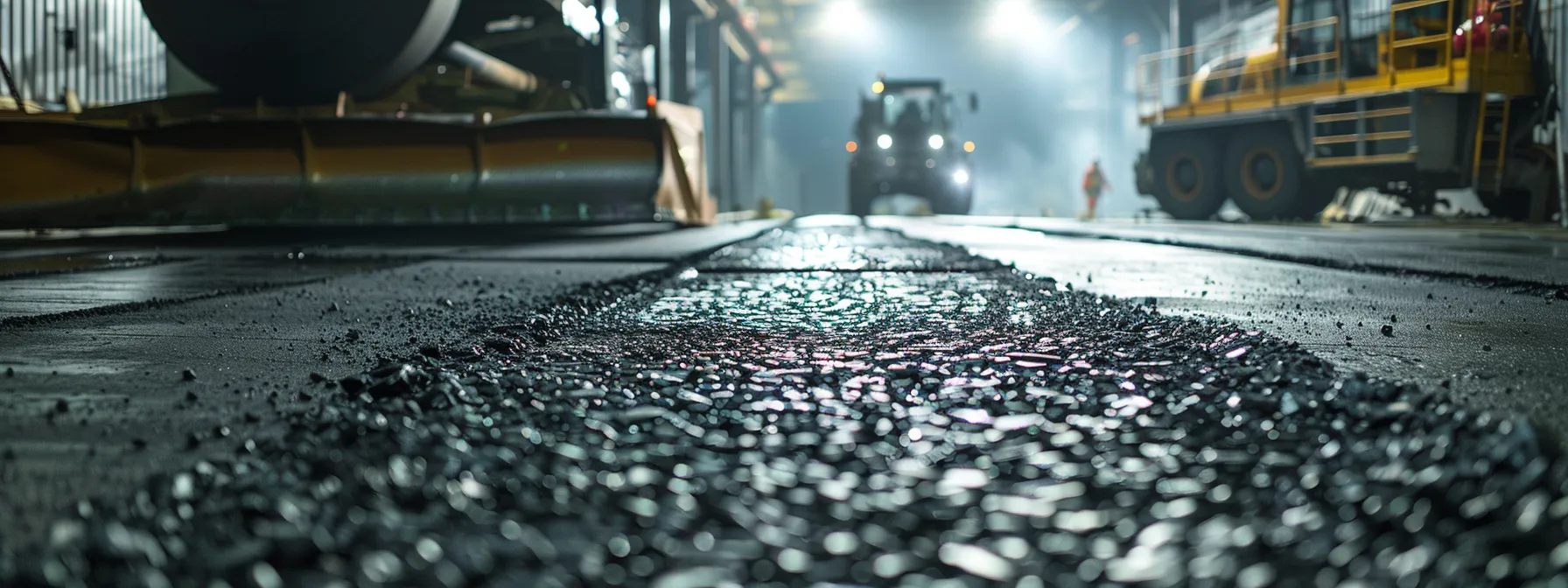 a gritty urban construction site showcases newly laid heavy-duty paving, emphasizing its robust texture under dramatic industrial lighting, with machinery and equipment in the background symbolizing the demanding environments these paving solutions are designed for.