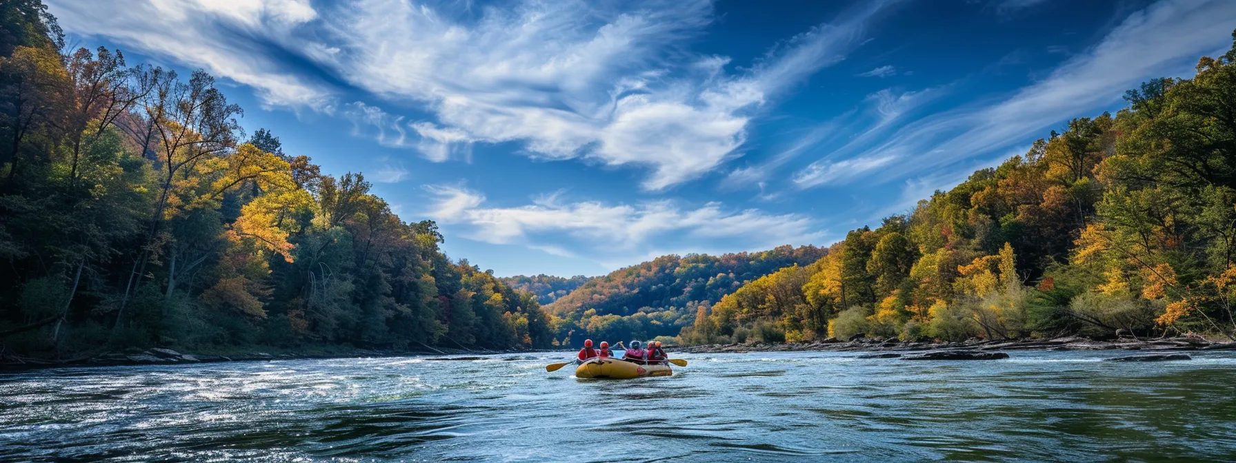 a group of adventurous rafters joyfully navigating the frothy whitewater of the tennessee river, surrounded by lush greenery and vibrant autumn foliage under a brilliant blue sky, capturing the thrill of outdoor exploration.