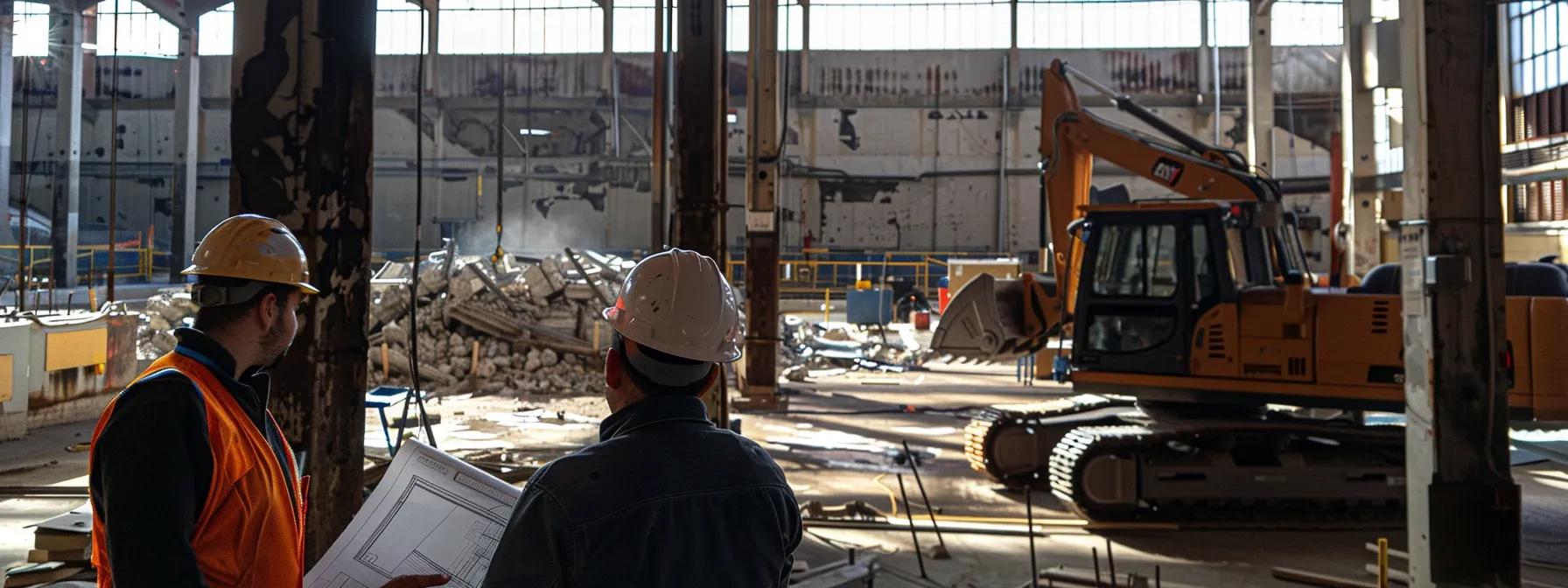 a group of aspiring demolition contractors studying blueprints and operating heavy machinery in a specialized training facility. a group of aspiring demolition contractors studying blueprints and operating heavy machinery in a specialized training facility.