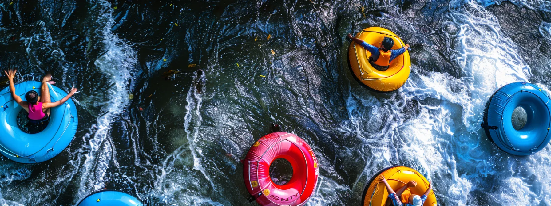 a group of colorful inflatable tubes floats down a bustling, white-water rapid, with participants wearing life jackets, engaged in animated communication amidst splashes and excitement, showcasing the essence of teamwork and safety in adventurous tubing.