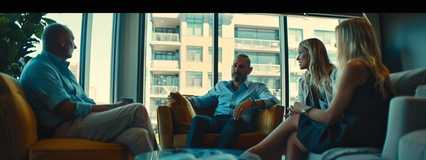 a group of diverse professionals discussing real estate trends in a vibrant bridgeland office. a group of diverse professionals discussing real estate trends in a vibrant bridgeland office.