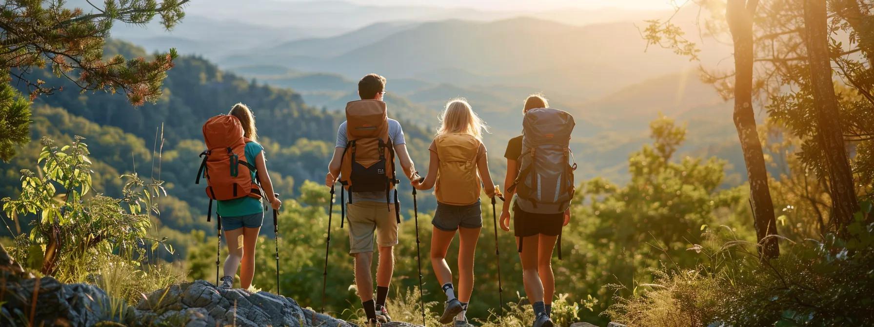 a group of enthusiastic beginner hikers confidently navigates a well-marked trail in the picturesque blue ridge mountains, surrounded by majestic views and gentle slopes designed for easy exploration. a group of enthusiastic beginner hikers confidently navigates a well-marked trail in the picturesque blue ridge mountains, surrounded by majestic views and gentle slopes designed for easy exploration.