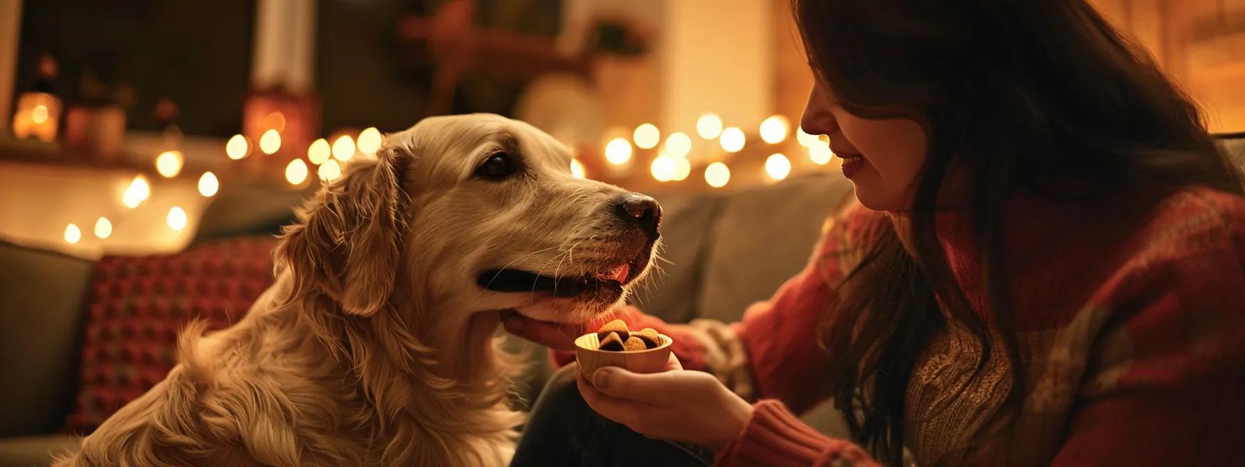 a heartwarming moment in a cozy living room features a joyful dog eagerly receiving a natural soft treat from its owner, illuminated by warm, inviting light that highlights their bond during this special treat time. a heartwarming moment in a cozy living room features a joyful dog eagerly receiving a natural soft treat from its owner, illuminated by warm, inviting light that highlights their bond during this special treat time.