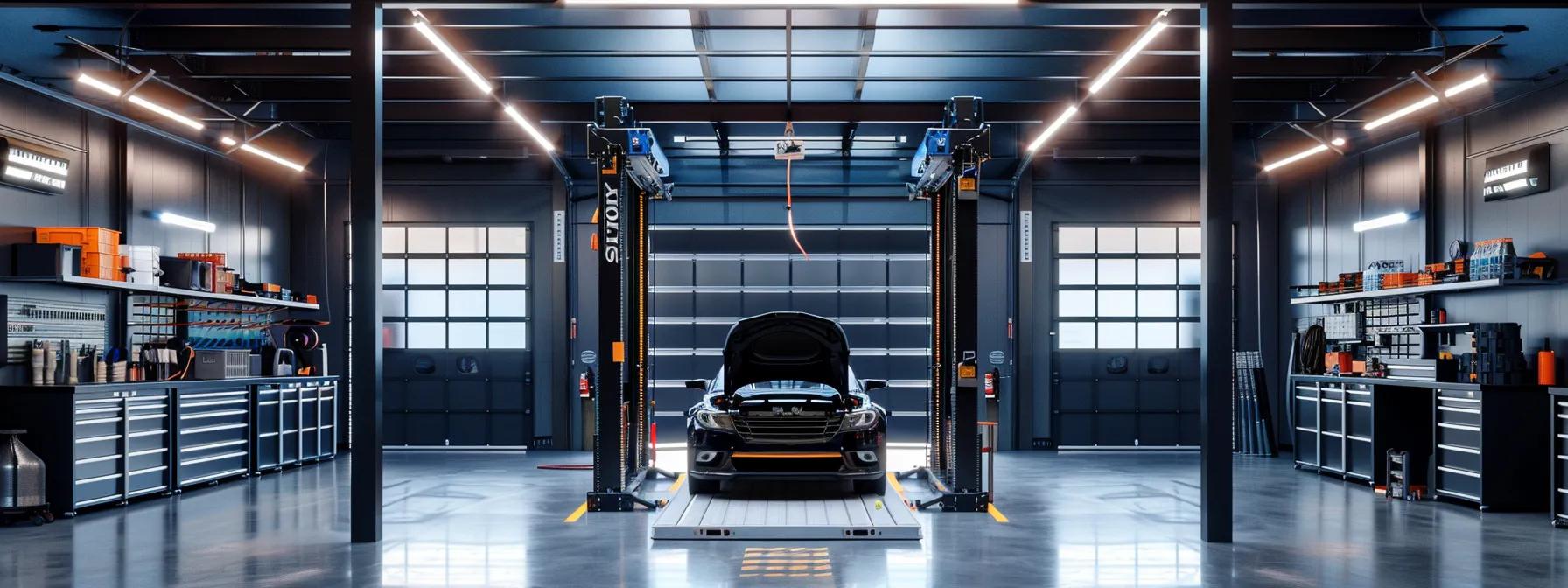Top Factors to Consider When Buying a Four-Post Car Lift a high-performance four-post automotive lift is prominently showcased in a sleek, modern garage, surrounded by diagnostic equipment and tools, highlighting its impressive lift speed and efficiency as it elevates a vehicle effortlessly under bright, focused industrial lighting.