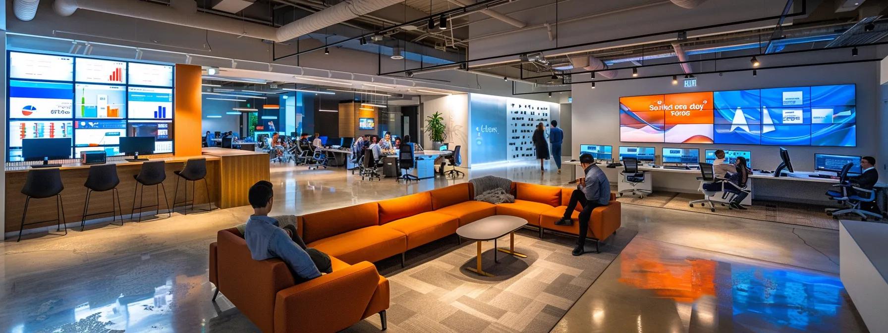 a high-tech digital marketing command center, illuminated by multiple screens displaying real-time analytics and engagement metrics, showcases professionals collaboratively strategizing in a sleek, modern office environment. a high-tech digital marketing command center, illuminated by multiple screens displaying real-time analytics and engagement metrics, showcases professionals collaboratively strategizing in a sleek, modern office environment.