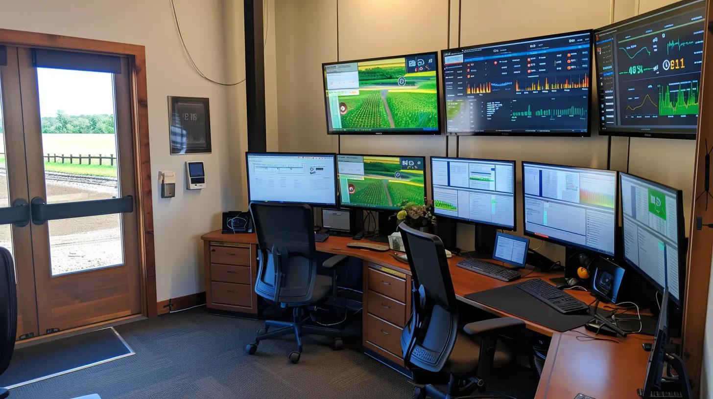a high-tech irrigation control room filled with sleek monitors displaying real-time data analytics and vibrant graphs, highlighting the efficiency of modern irrigation systems for grass management in a well-organized office setting. a high-tech irrigation control room filled with sleek monitors displaying real-time data analytics and vibrant graphs, highlighting the efficiency of modern irrigation systems for grass management in a well-organized office setting.