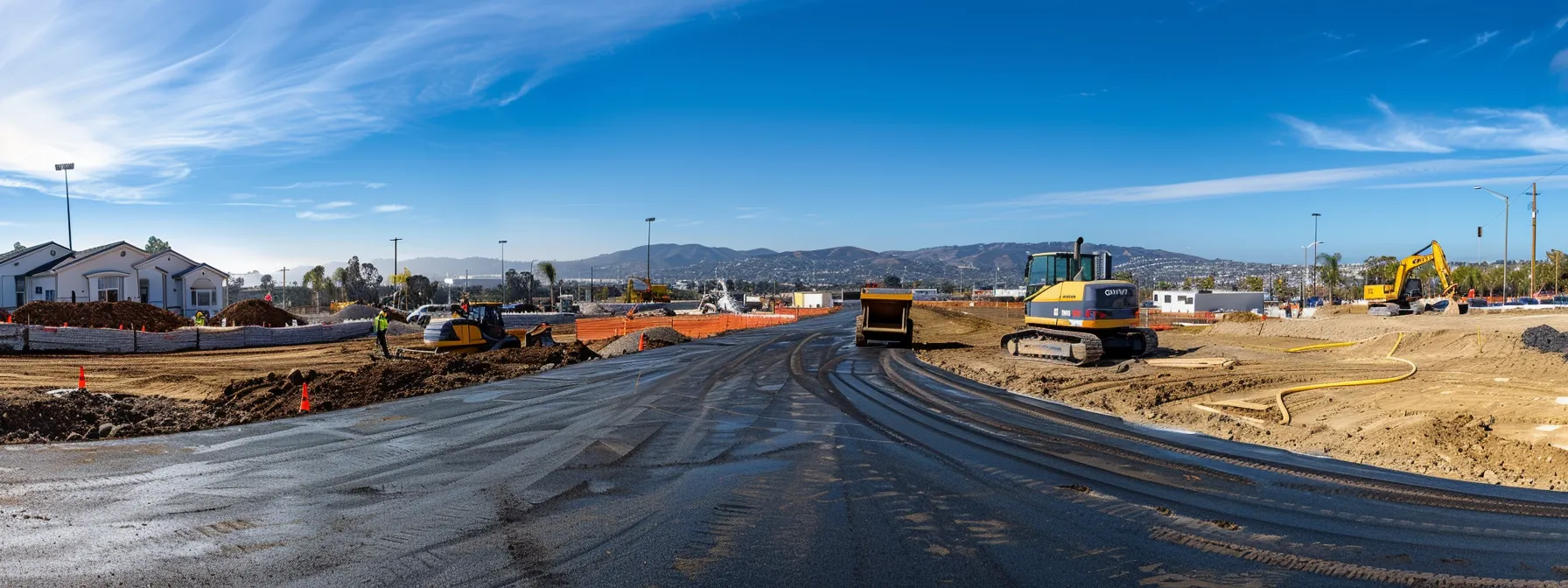 a high-angle view of a construction site in san diego showcasing skilled workers meticulously grading asphalt, with modern machinery and freshly laid asphalt paths reflecting urban development under vibrant blue skies.