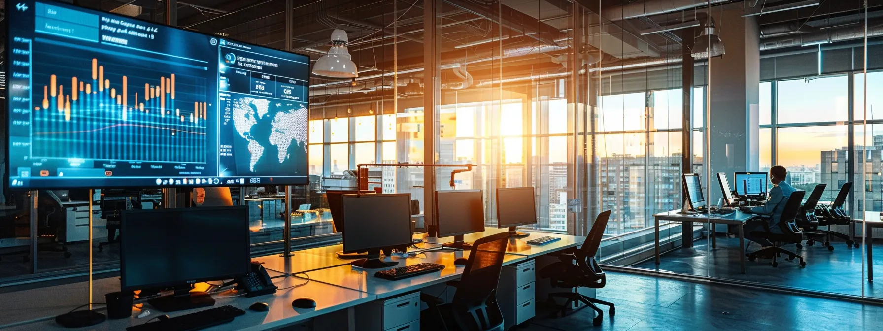 a high-tech office space featuring a large digital display with real-time solar energy statistics, flanked by sleek workstations where focused professionals are engaged in strategizing routine maintenance and future expansions of a solar power system. a high-tech office space featuring a large digital display with real-time solar energy statistics, flanked by sleek workstations where focused professionals are engaged in strategizing routine maintenance and future expansions of a solar power system.