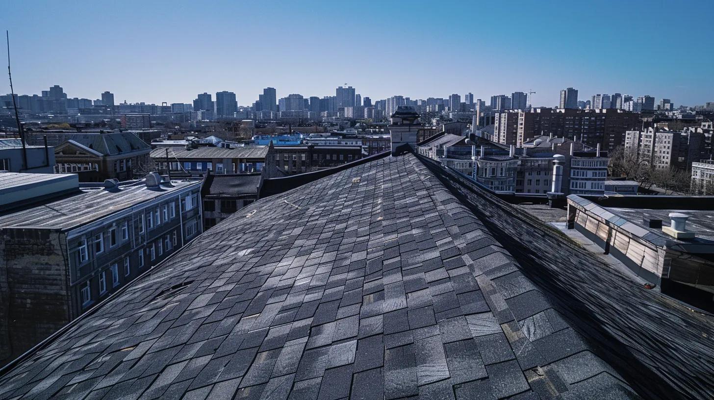 a high-angle drone view captures a detailed inspection of an urban rooftop, showcasing various asphalt shingles and slate tiles displaying signs of curling, cracking, and discoloration, against a backdrop of city skyscrapers and a clear blue sky.