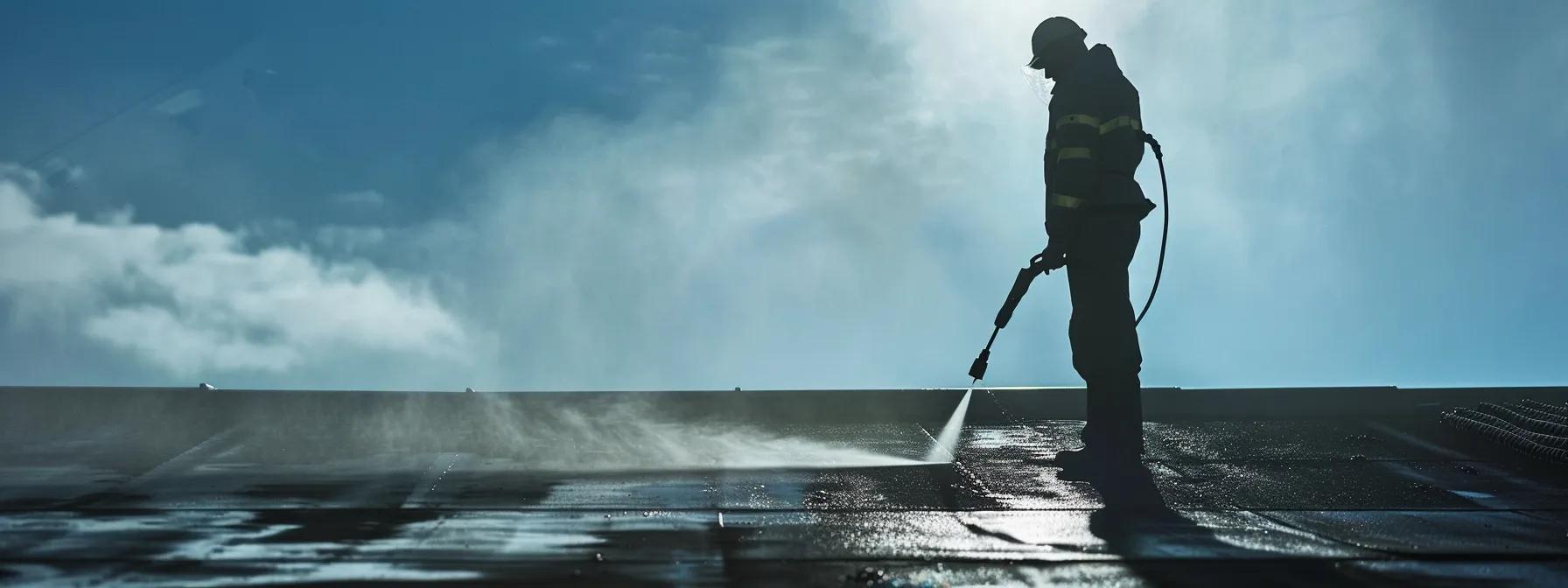 a high-contrast image captures a professional technician adjusting a pressure washer on a rooftop, showcasing various cleaning techniques tailored to distinct roof materials under dramatic lighting that highlights the texture of asphalt shingles, tile, and metal surfaces. a high-contrast image captures a professional technician adjusting a pressure washer on a rooftop, showcasing various cleaning techniques tailored to distinct roof materials under dramatic lighting that highlights the texture of asphalt shingles, tile, and metal surfaces.