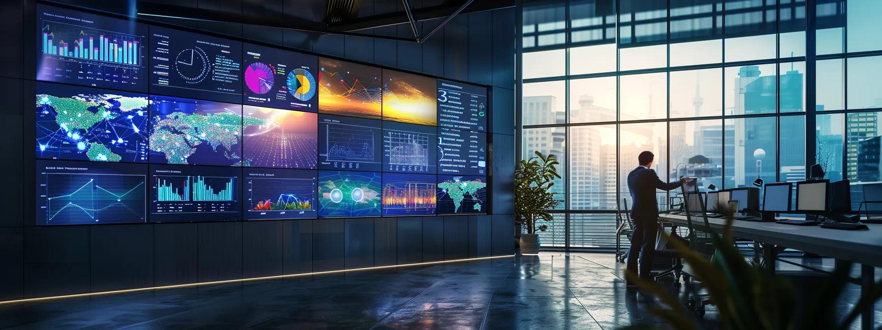 a high-tech urban office with large screens displaying data analytics and predictive solar models, with a professional analyzing the information, emphasizing the innovative intersection of ai and sustainable farming practices. a high-tech urban office with large screens displaying data analytics and predictive solar models, with a professional analyzing the information, emphasizing the innovative intersection of ai and sustainable farming practices.