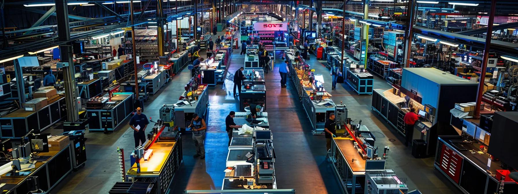 a high-tech fabrication facility, showcasing automated production systems with glowing sensors and digital screens monitoring quality control processes, surrounded by workers conducting meticulous manual inspections of sheet metal components under bright, focused lighting.