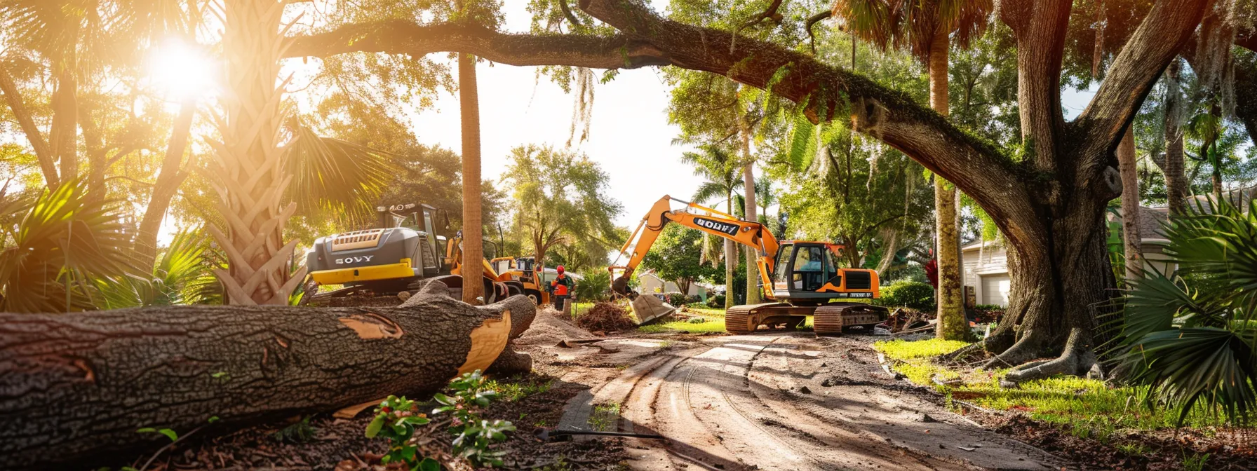 a highly professional urban landscape showcasing a team of skilled arborists efficiently and safely removing a large tree from a residential property in st. cloud, florida, with safety equipment and specialized machinery prominently featured in a well-organized setting.