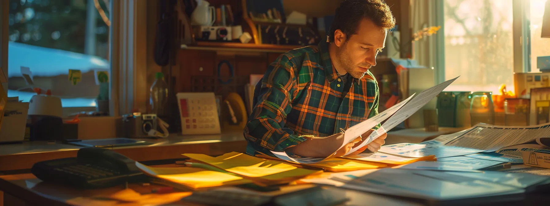 a homeowner carefully calculating savings and costs for solar installation, surrounded by solar panels and financial documents. a homeowner carefully calculating savings and costs for solar installation, surrounded by solar panels and financial documents.