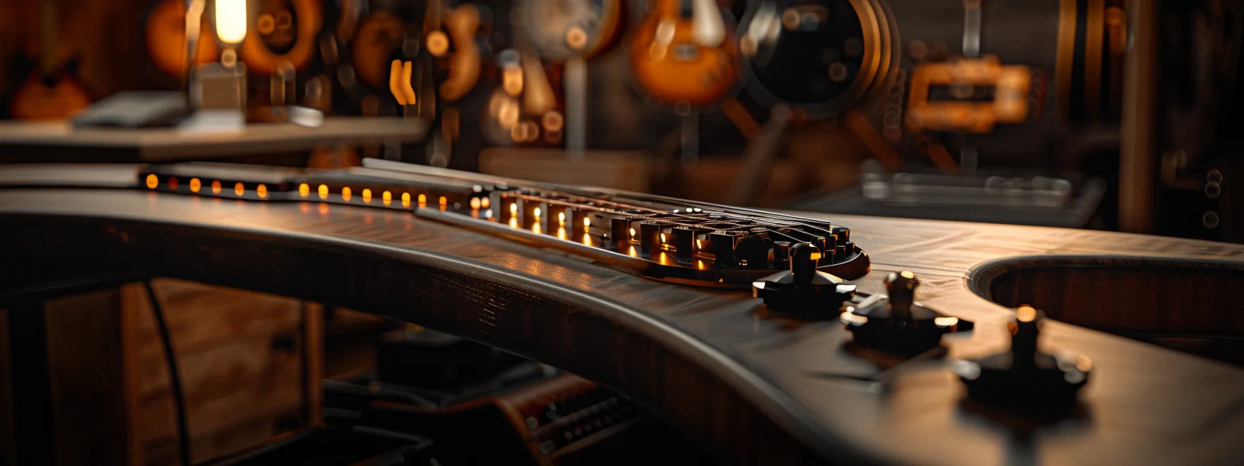 a hyper-realistic close-up of odyssey guitar pickups mounted on a richly textured guitar body, illuminated by warm cinematic lighting that accentuates the intricate details, with a softly blurred workshop backdrop hinting at the craftsmanship of mythic guitar company. a hyper-realistic close-up of odyssey guitar pickups mounted on a richly textured guitar body, illuminated by warm cinematic lighting that accentuates the intricate details, with a softly blurred workshop backdrop hinting at the craftsmanship of mythic guitar company.