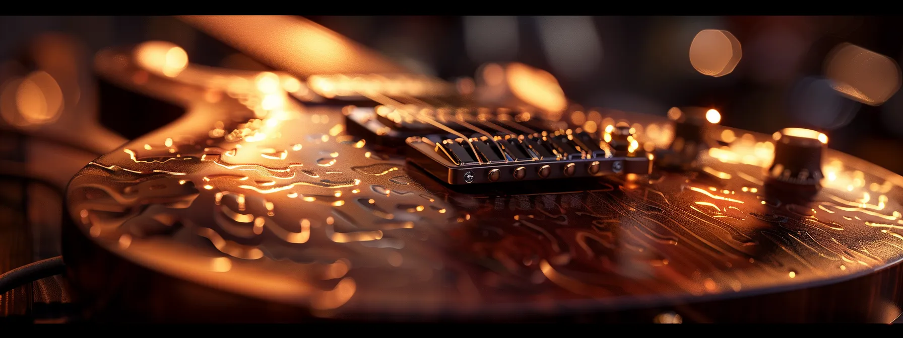 a hyper-realistic workshop of mythic guitar company showcases an intricately detailed guitar body adorned with sleek odyssey pickups, illuminated by warm cinematic lighting that highlights the rich wood and metal textures against a softly blurred background. a hyper-realistic workshop of mythic guitar company showcases an intricately detailed guitar body adorned with sleek odyssey pickups, illuminated by warm cinematic lighting that highlights the rich wood and metal textures against a softly blurred background.