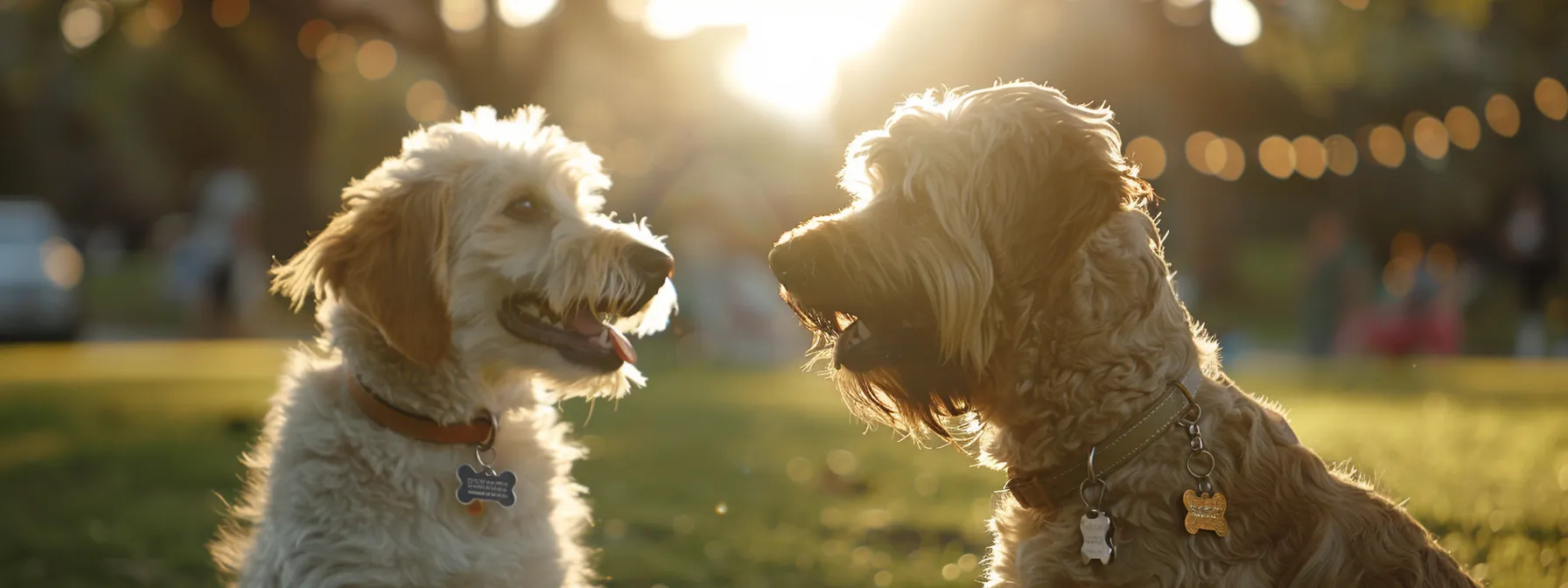 a joyful goldendoodle and a playful labrador retriever sit in a sunlit dog park, their vibrant id tags glistening as they interact with other dogs, embodying the spirit of identification and safety in a lively and candid moment.