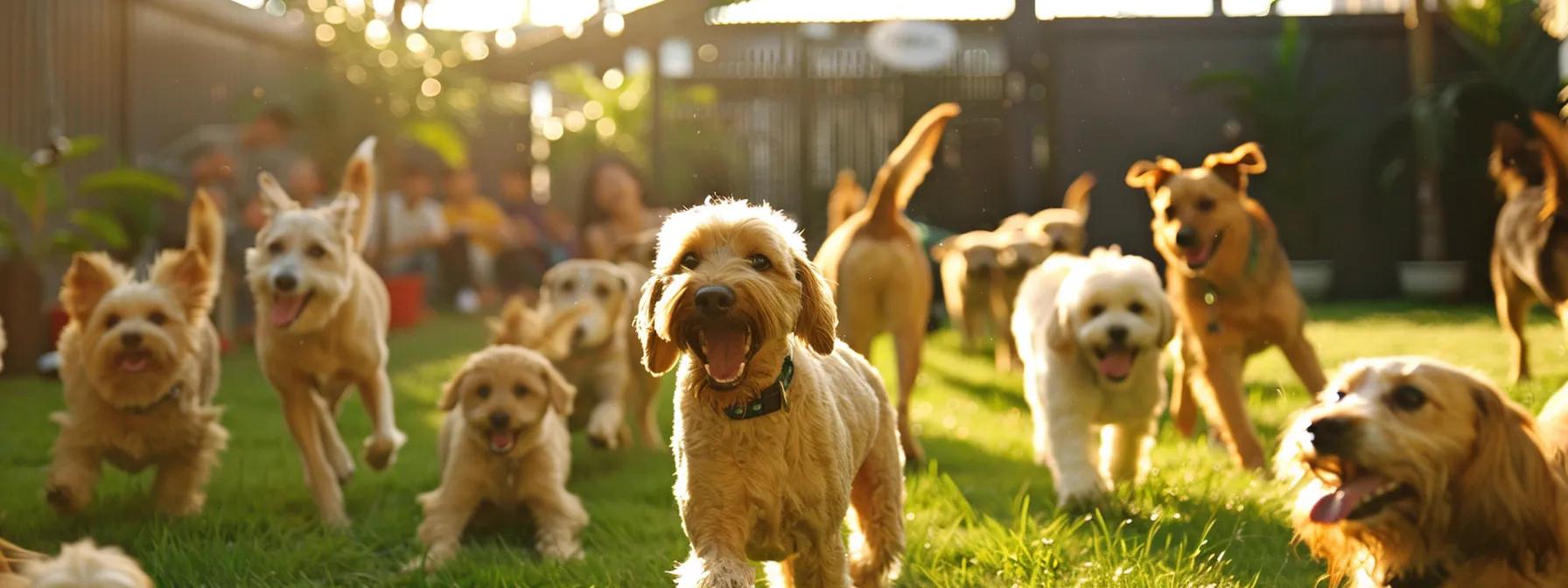a joyful group of doodles and retrievers play in a lush, sunlit boarding facility yard, highlighting the care and vibrant atmosphere of a dog-friendly environment.