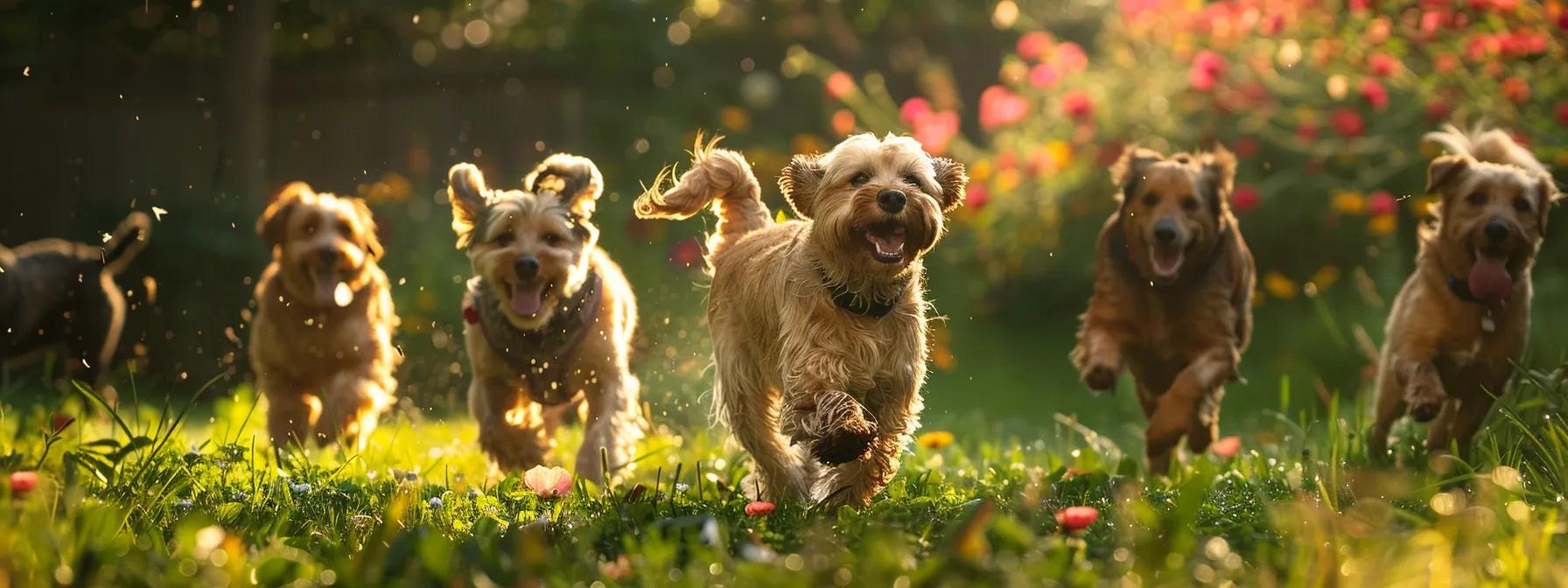 a joyful group of playful doodles and retrievers frolic in a sunny, open dog boarding yard, surrounded by vibrant green grass and colorful flowers, capturing a sense of happiness and companionship.