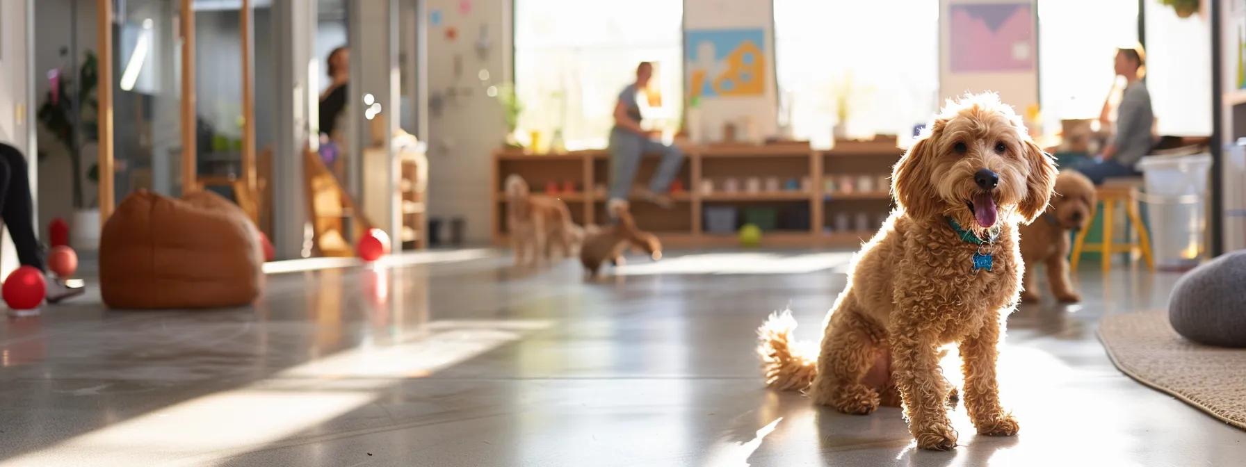 a joyful scene of a golden retriever and a goldendoodle playing together in a spacious, sunlit dog boarding facility, with attentive staff members engaged in their care, showcasing a safe and nurturing environment.