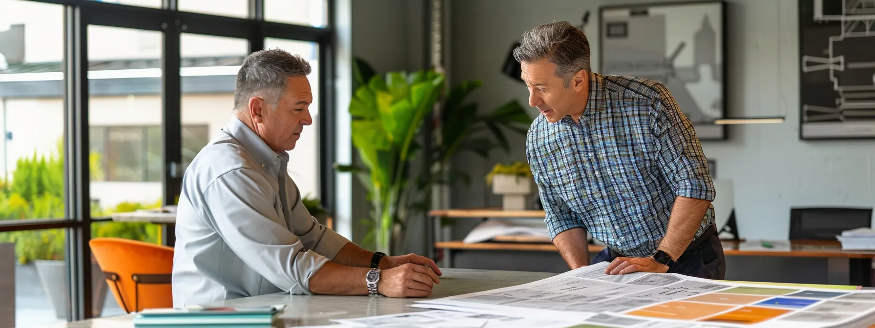 a knowledgeable asphalt contractor reviews project plans with a property owner in a modern office, surrounded by samples of paving materials and color swatches, highlighting the importance of professional advice in making informed driveway and parking lot decisions.