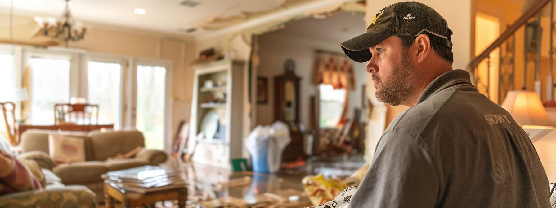 a knowledgeable local contractor confidently assesses water damage in a fort mill home, surrounded by signs of restoration progress and a welcoming atmosphere, evoking trust and community expertise.