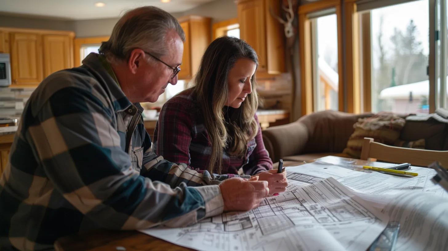 a knowledgeable local custom home builder consults with homeowners amidst a backdrop of blueprints and construction materials, illuminated by natural light, symbolizing expert guidance through the complexities of building codes and regulations.