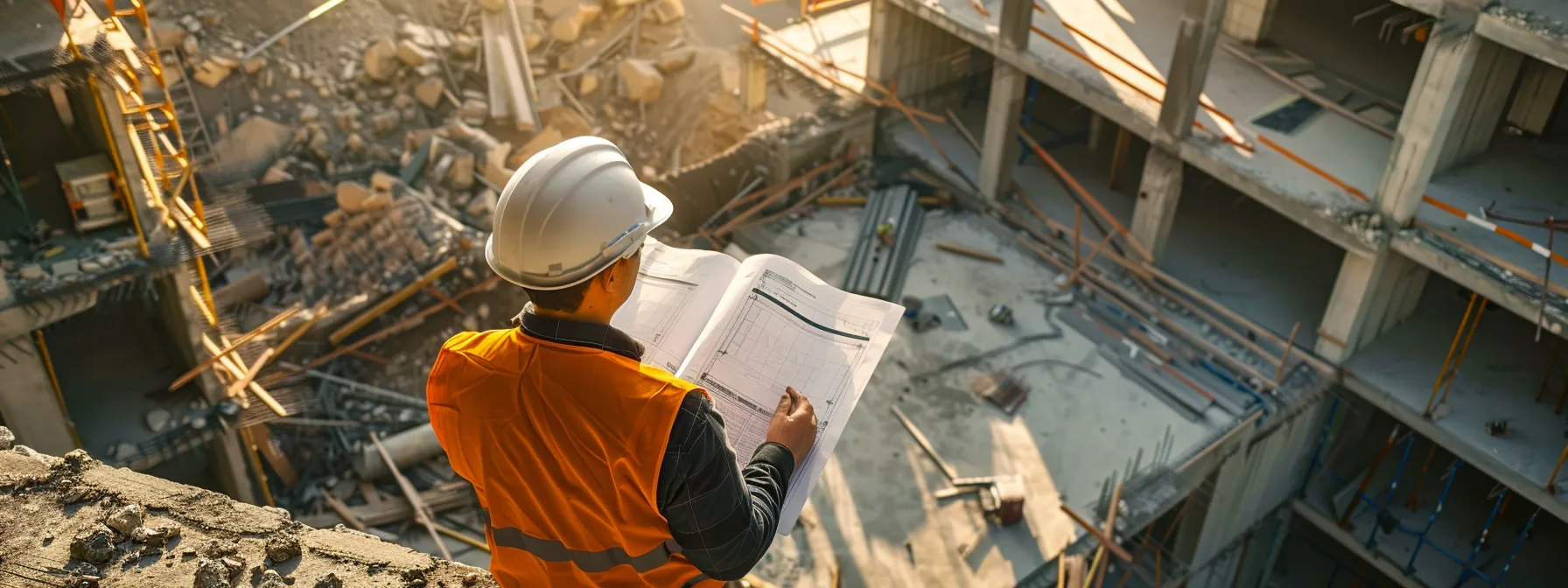 a knowledgeable professional studies a complex blueprint in a sunlit construction site, surrounded by safety equipment and partially demolished structures, embodying a commitment to understanding local building codes for safe demolition practices. a knowledgeable professional studies a complex blueprint in a sunlit construction site, surrounded by safety equipment and partially demolished structures, embodying a commitment to understanding local building codes for safe demolition practices.