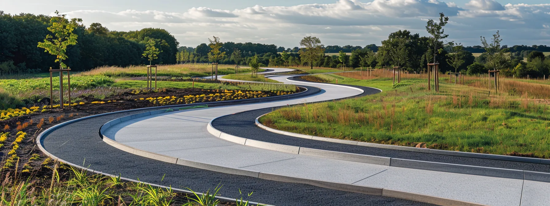 a large concrete road winding through a vibrant green landscape with a smooth asphalt path running parallel, showcasing the main subject of the benefits and differences between the two paving materials. a large concrete road winding through a vibrant green landscape with a smooth asphalt path running parallel, showcasing the main subject of the benefits and differences between the two paving materials.