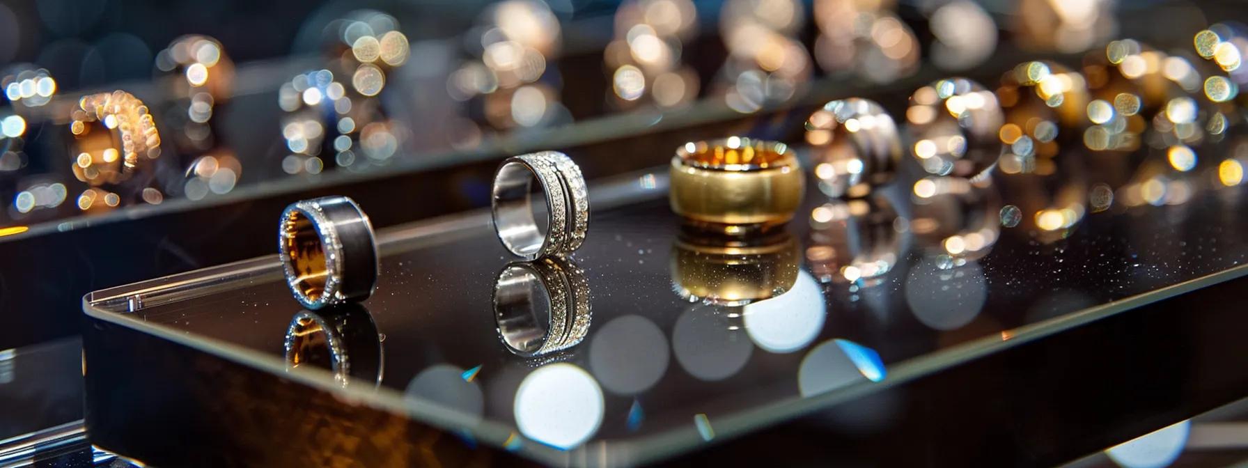 a lavish display of exquisite luxury men's rings crafted from various materials like gold, platinum, and titanium, elegantly arranged on a sleek, modern glass surface in a sophisticated urban jewelry boutique, illuminated by soft, ambient lighting. a lavish display of exquisite luxury men's rings crafted from various materials like gold, platinum, and titanium, elegantly arranged on a sleek, modern glass surface in a sophisticated urban jewelry boutique, illuminated by soft, ambient lighting.