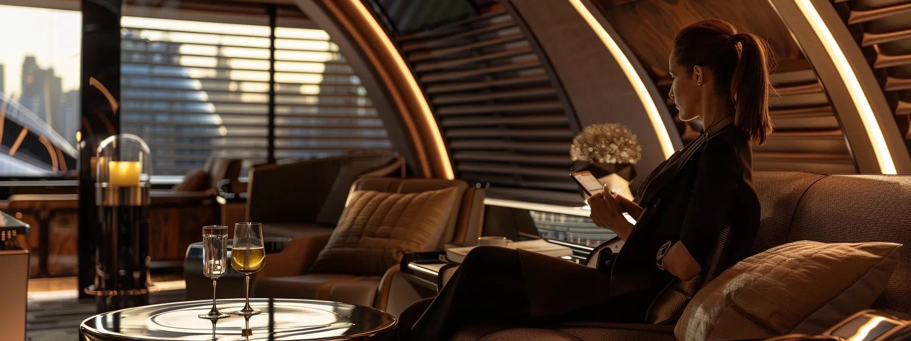 a lavishly appointed luxury travel lounge, featuring plush seating, rich textures, and ambient lighting, exuding elegance and exclusivity, as an elegantly dressed traveler reviews a personalized itinerary against the backdrop of stunning urban skyline views.